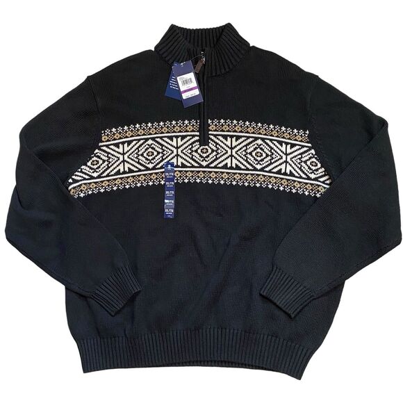 Izod 1/4 Zip Fair Isle Black Sweater Cotton Blend NWT Men’s Size 2XL NEW - Picture 4 of 13
